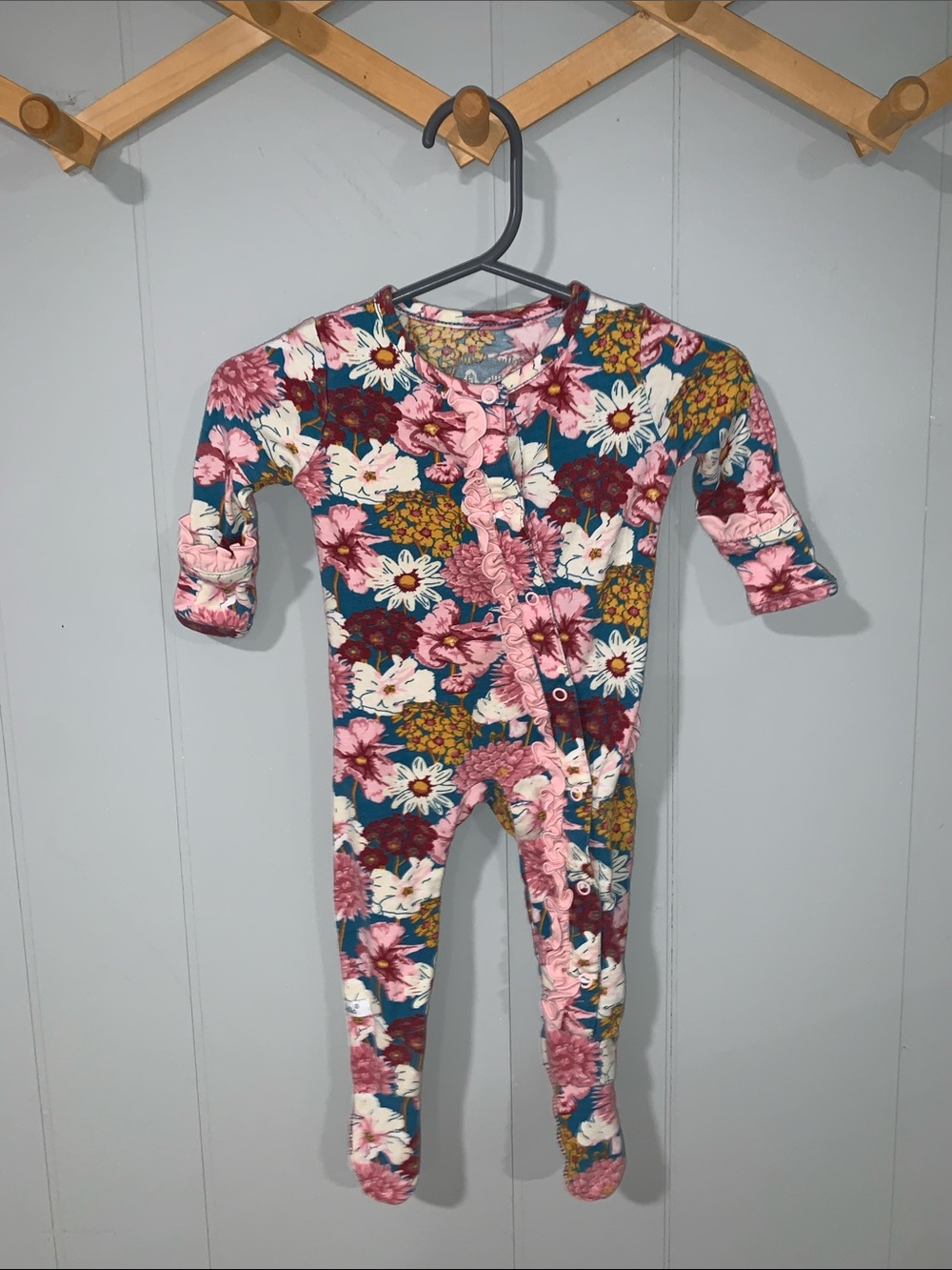 Ruffle Butts Floral Print Teal and Pink Baby One-Piece Footie 0-3m